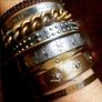 Brass and Diamond Engraved Starburst ID Cuff and antique bracelet stack
