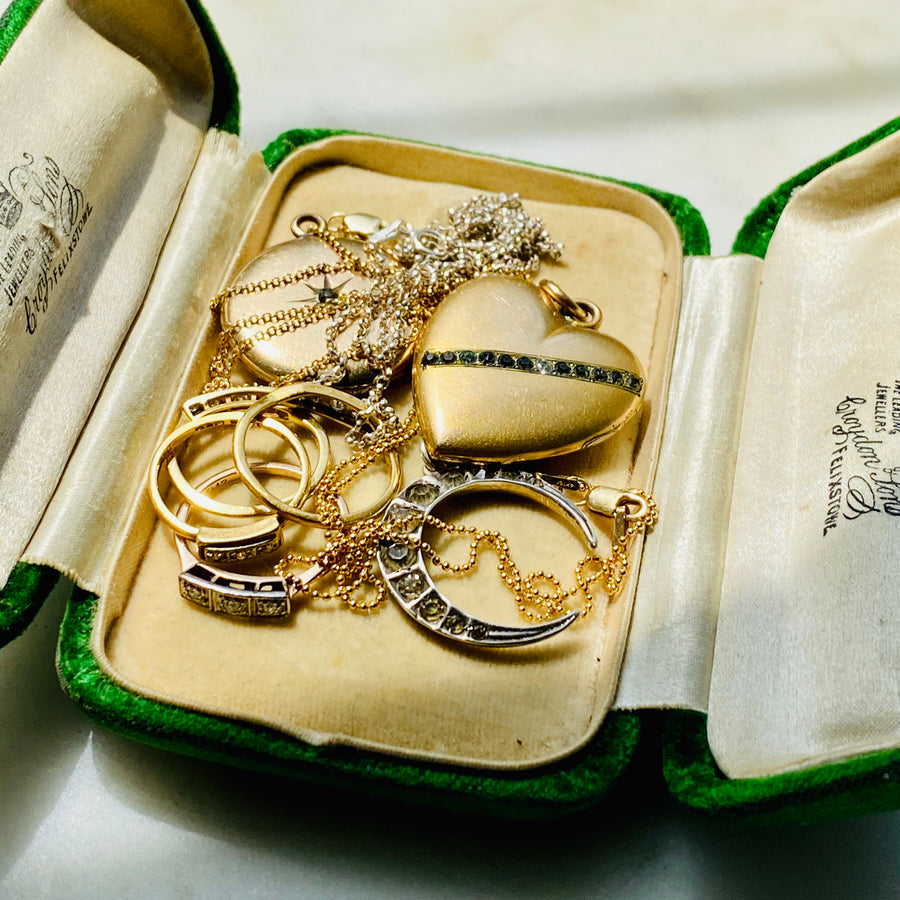 Victorian Gold-Filled Heart Locket Necklace set with Paste