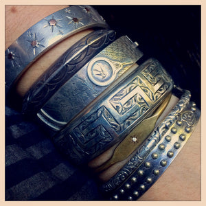 Brass and Diamond Engraved Starburst ID Cuff and antique bracelet stack