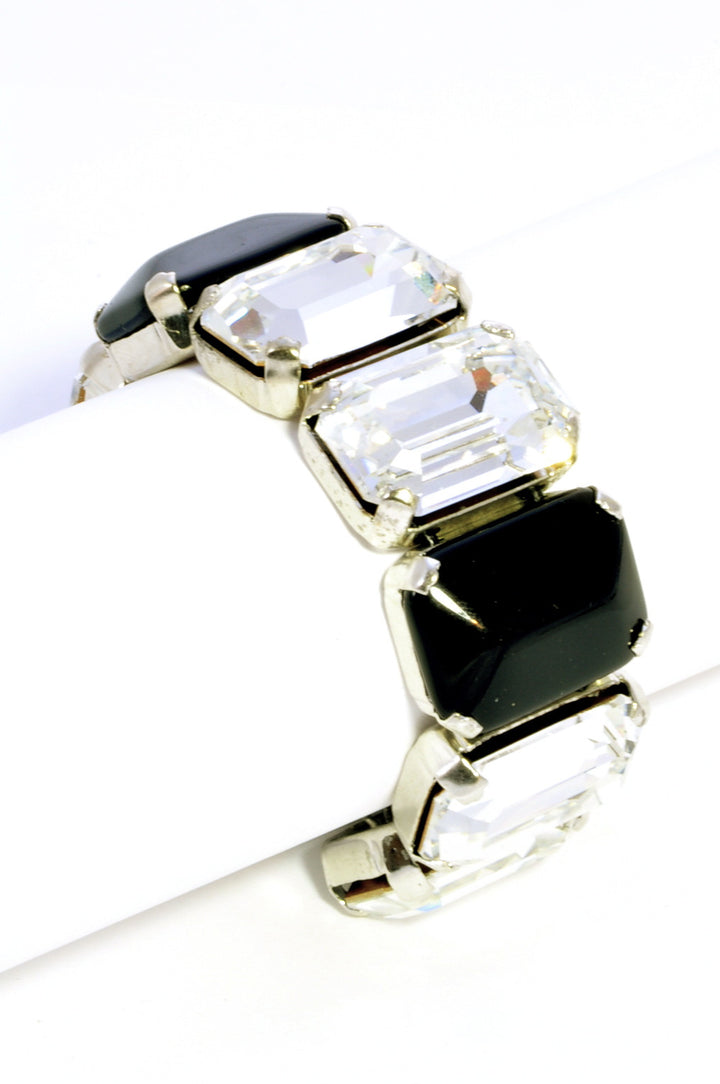Glass & Crystal rectangular 'octagon' cabochon bracelet on leather cord. ON WRIST