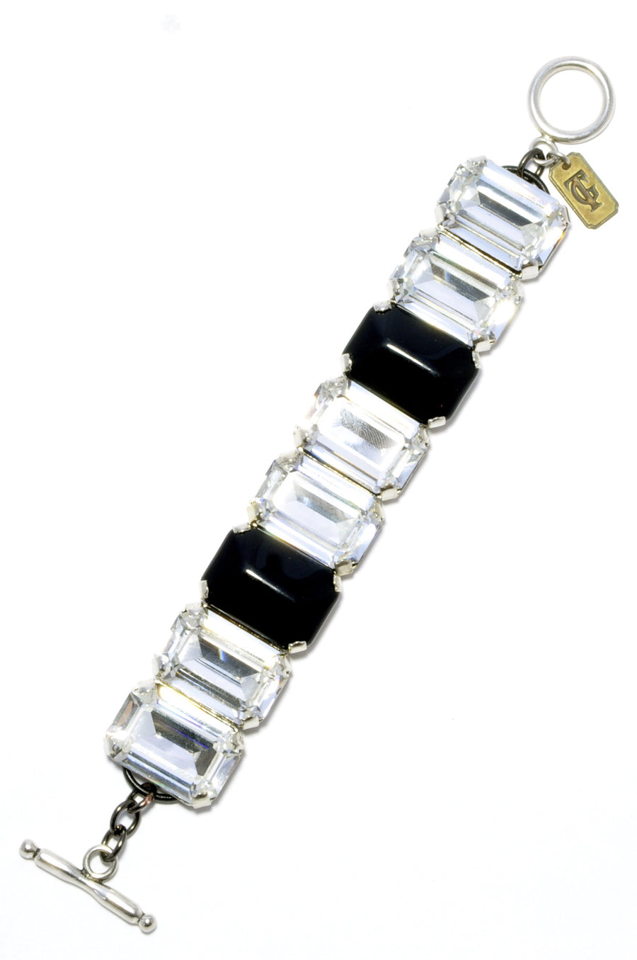 Glass & Crystal rectangular 'octagon' cabochon bracelet on leather cord.