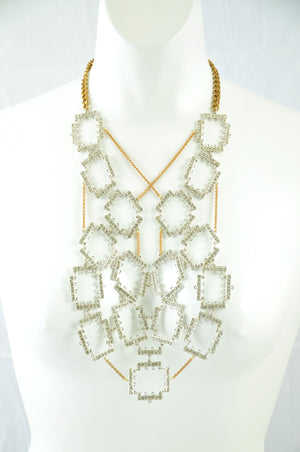 Long Tessellated Rhinestone Bib Statement Necklace.