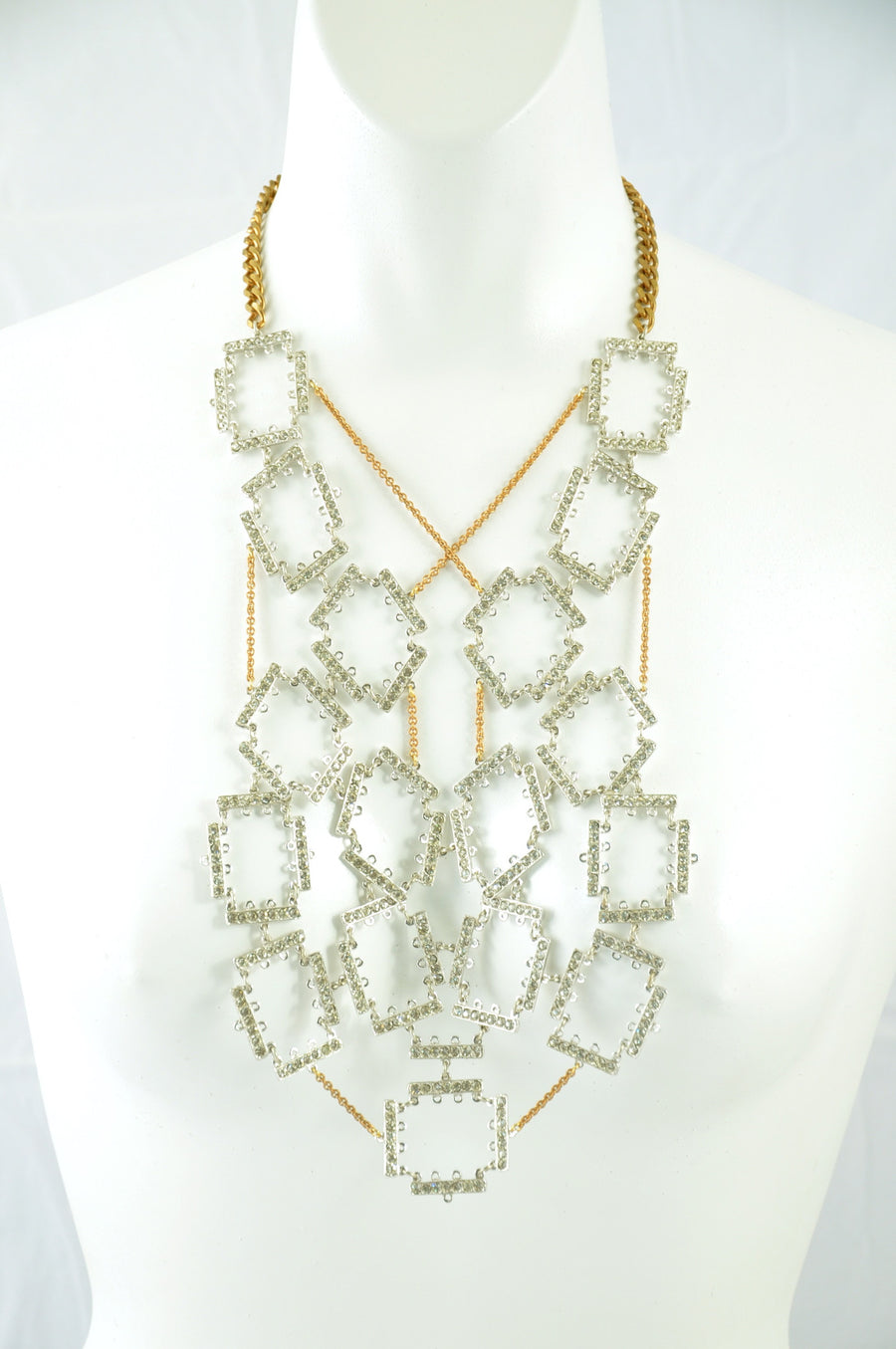 Long Tessellated Rhinestone Bib Statement Necklace.
