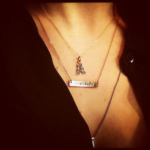 Hand engraved recycled brass bar necklace
