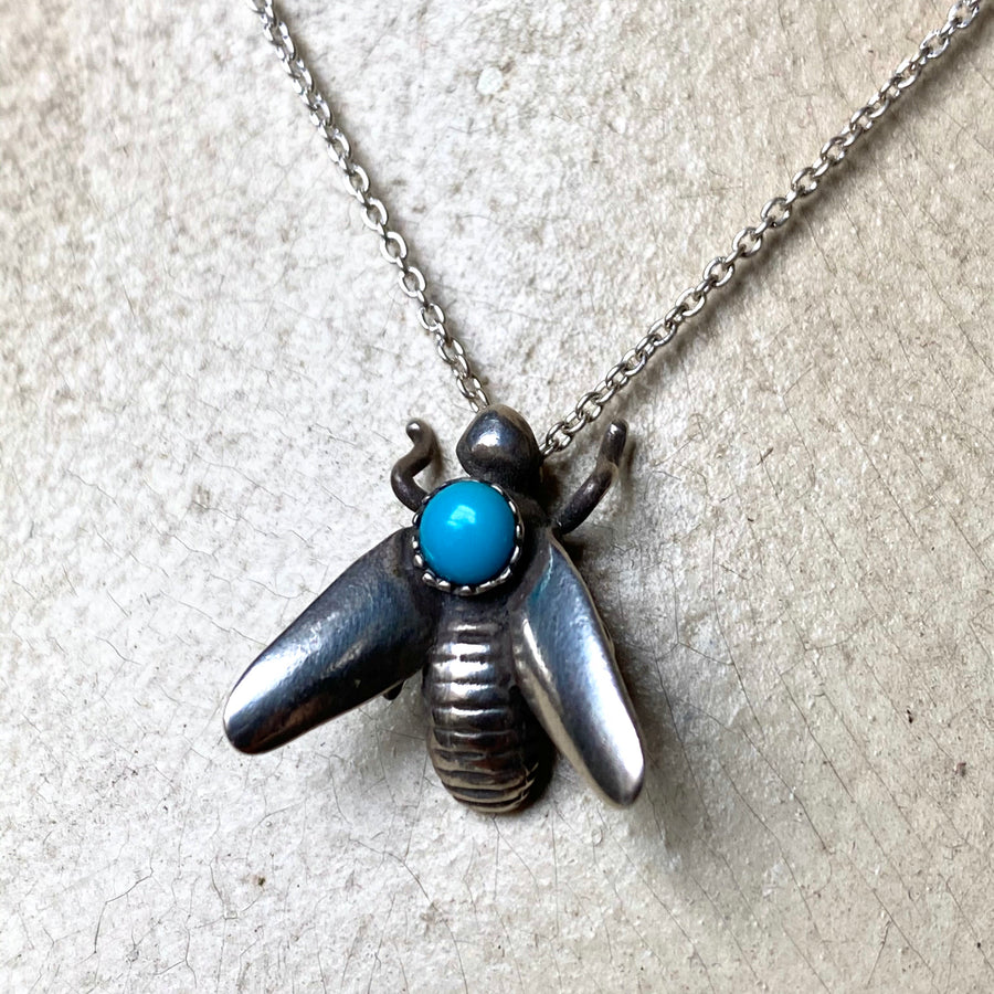 Turquoise Bee fly recycled sterling silver charm necklace 