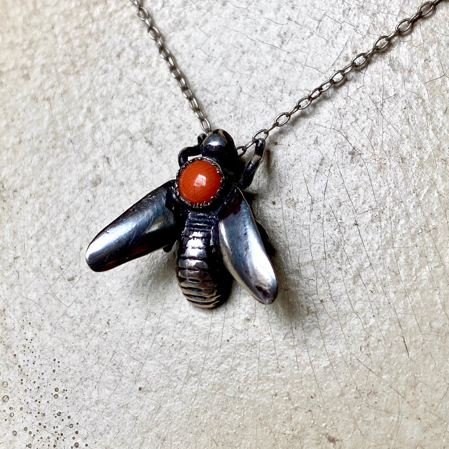Coral Bee fly recycled sterling silver charm necklace 