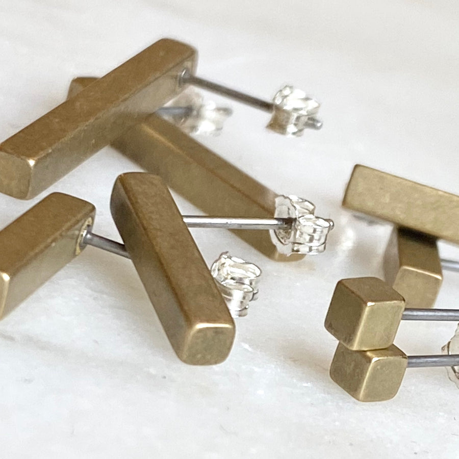 Brass cube and bar stud earrings