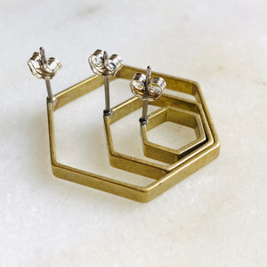 Brass hexagon hoop stud earrings