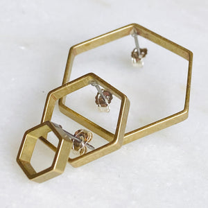 Brass hexagonal hoop stud earrings