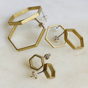 Brass hexagonal hoop stud earrings
