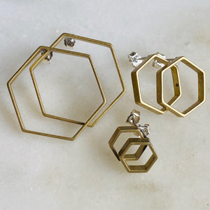 Brass hexagon hoop stud earrings