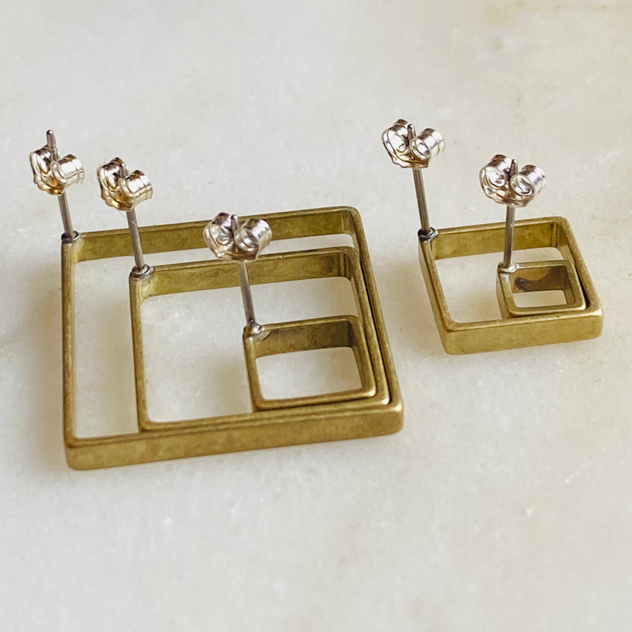 Brass stud square geometrical earrings