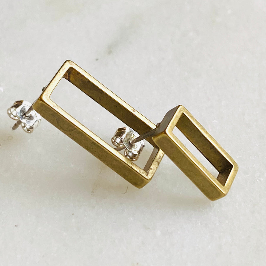 Brass rectangle stud earrings