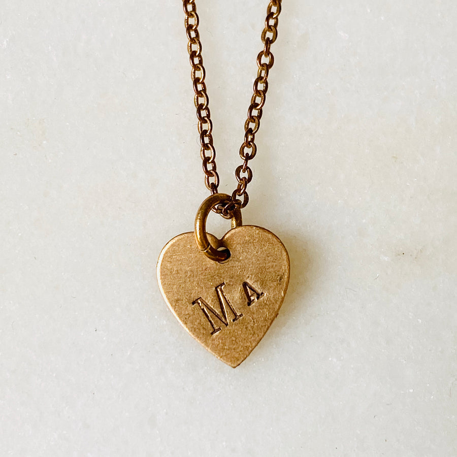 Vintage Brass Small Heart Charm Necklace, Custom Engraved
