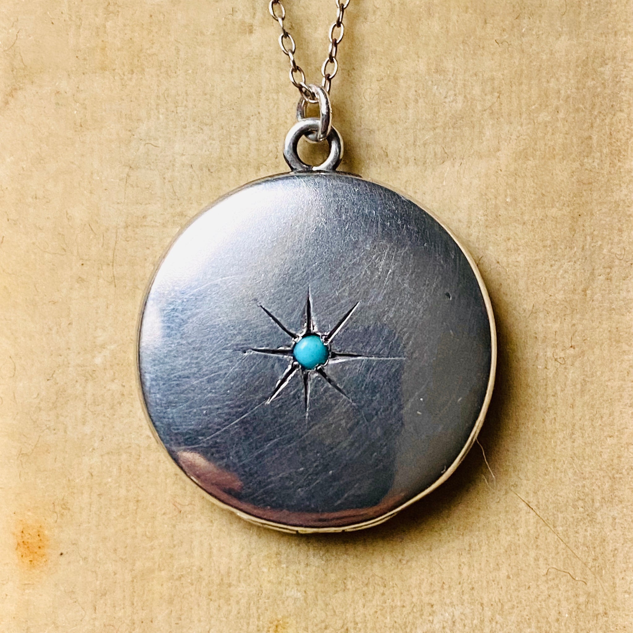 Sterling silver starburst and turquoise round locket necklace – Thea Grant