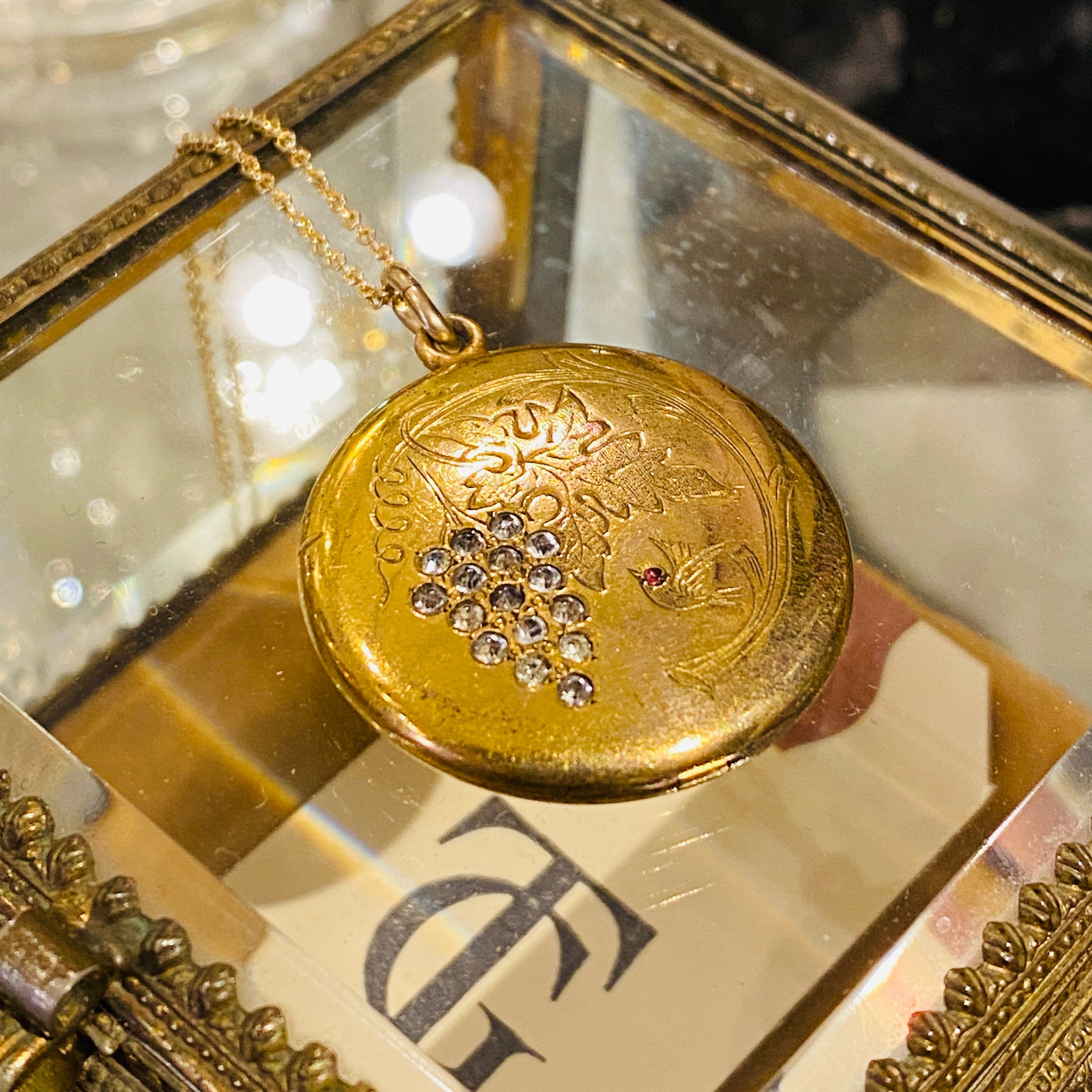 GRAPE vine and bird on Victorian locket paste crystal and gold