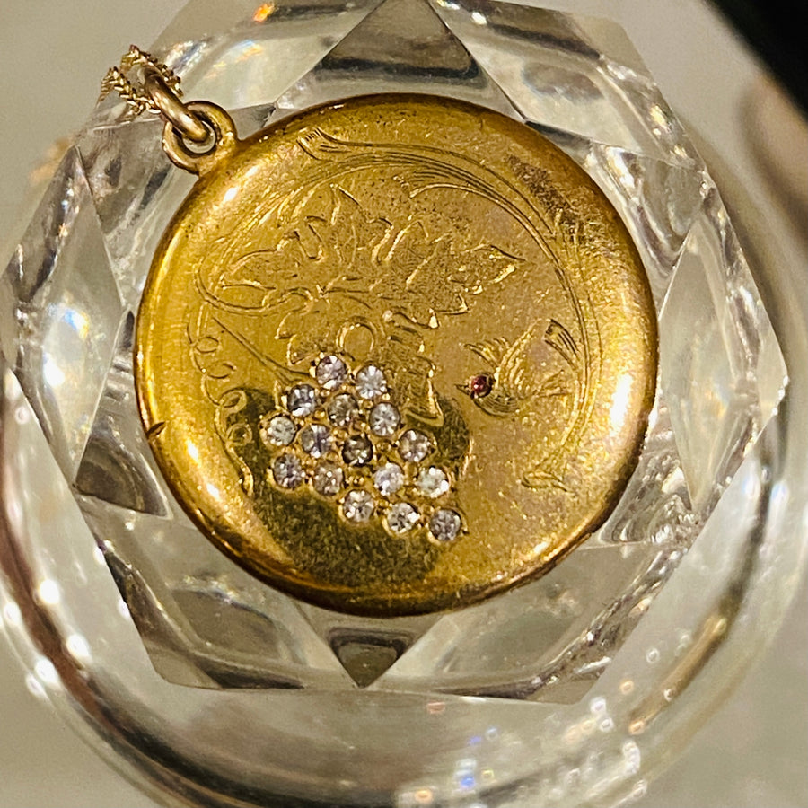 antique Victorian photo locket rhinestone gold grapes dove