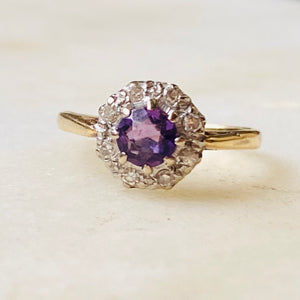 Cata Amethyst and Diamond Gold Antique Halo Ring