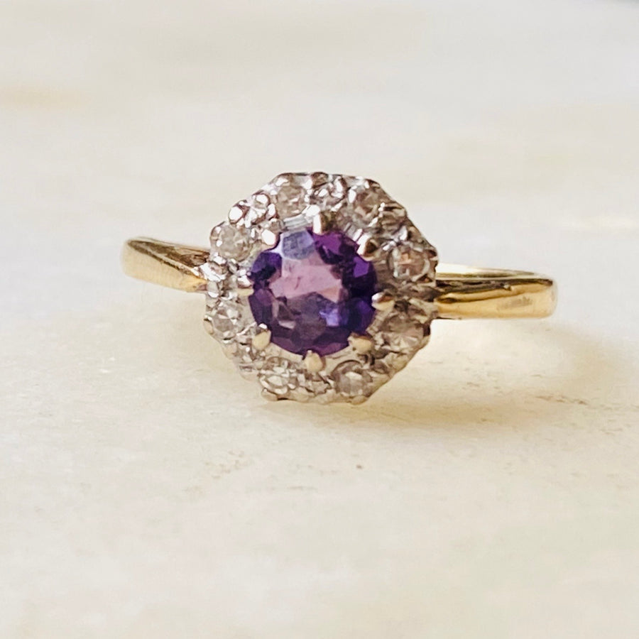 Cata Amethyst and Diamond Gold Antique Halo Ring