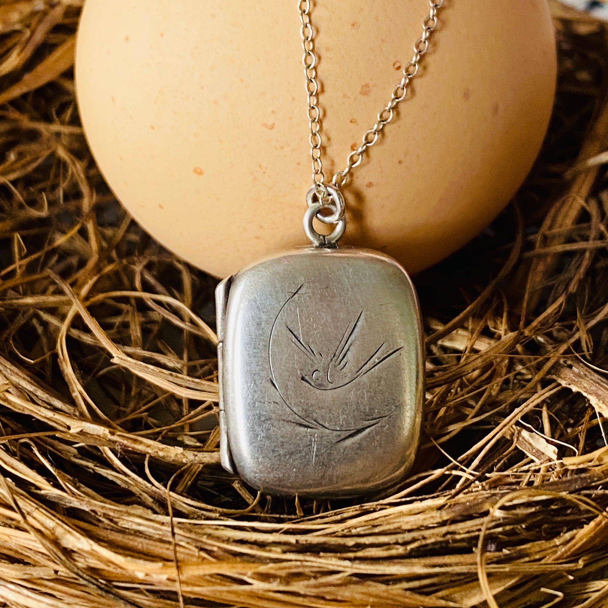 Victorian Antique Sterling Silver Engraved Square Swallow Locket
