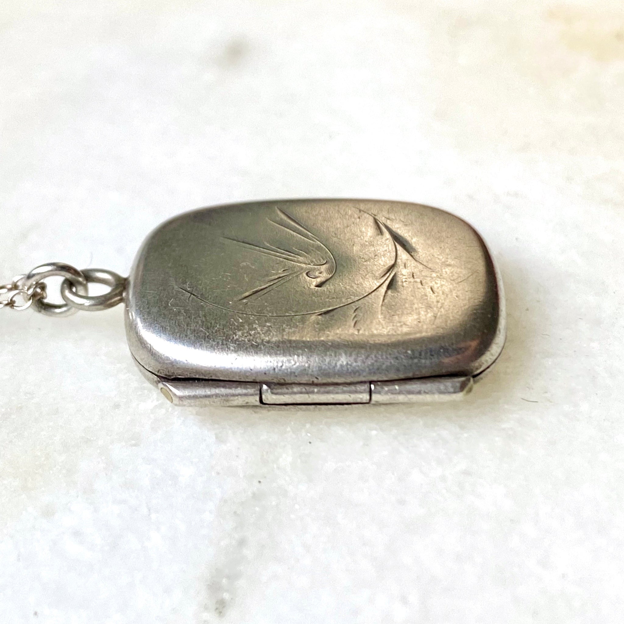 Victorian Antique Sterling Silver Engraved Square Swallow Locket