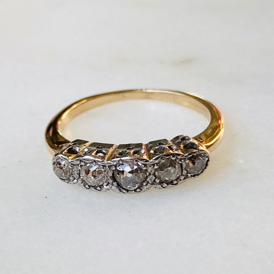 Graduated Five Diamond and Gold Antique Half-Hoop Ring