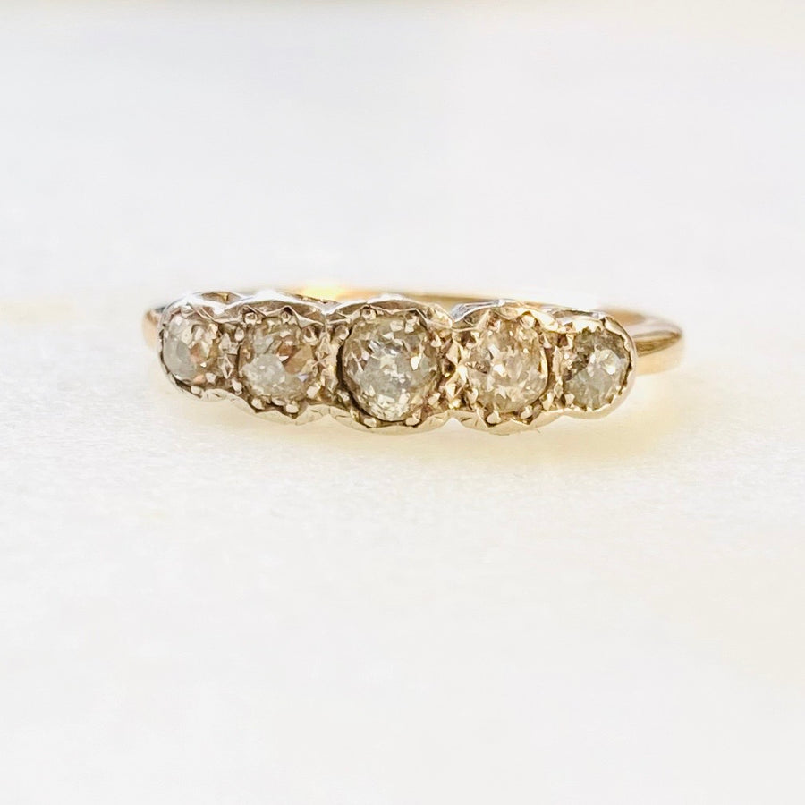 Graduated Five Diamond and Gold Antique Half-Hoop Ring