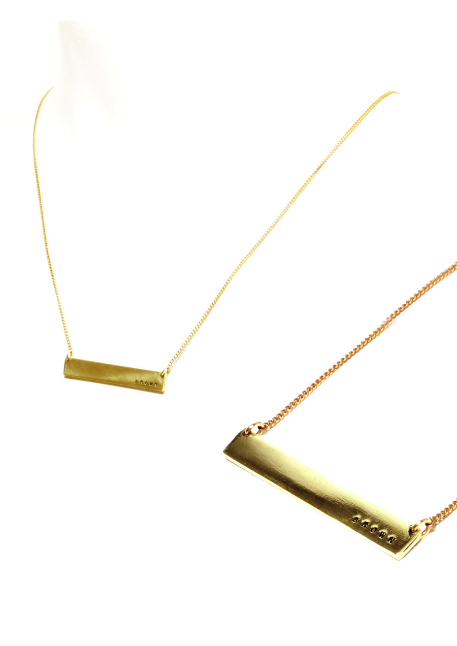 Hand engraved recycled brass bar necklace