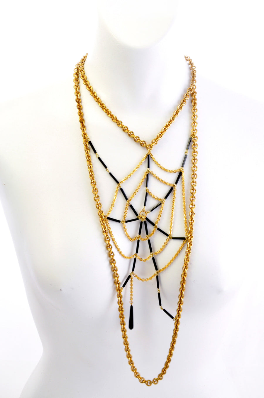 Fine vintage chain and black bugle bead spider web bib necklace.
